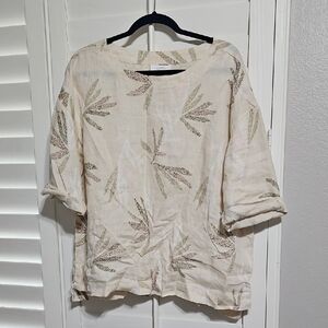 Charter Club Cream Leaf Print Blouse Linen